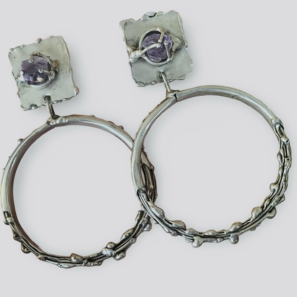 Vintage 70s Brutalist Raw Amethyst Ernandes Clip On Silver Earrings